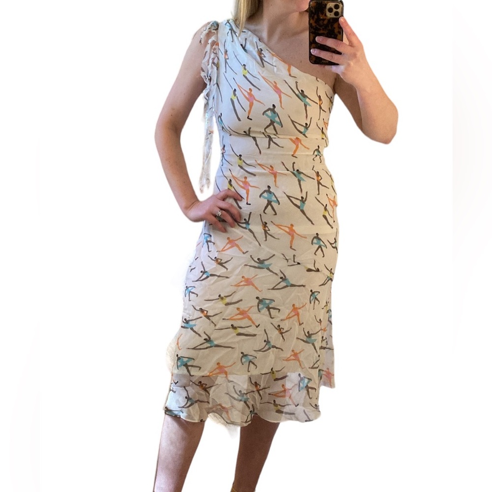 One shoulder fringe silk midi bias cut dress with colorful ballerinas print NWT